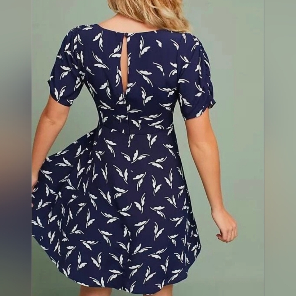 Maeve Navy Mini Dress with White Leaf Print - Picture 3 of 10